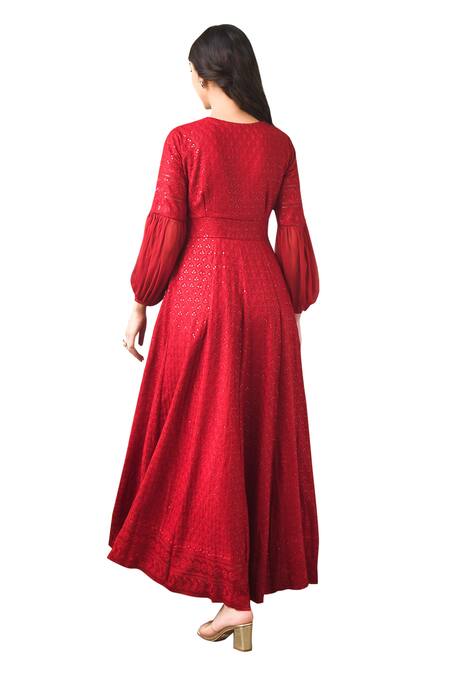 Buy_Suti Kapda_Maroon Rayon Sequins, Embroidery V-neck Chikankari Gown 
