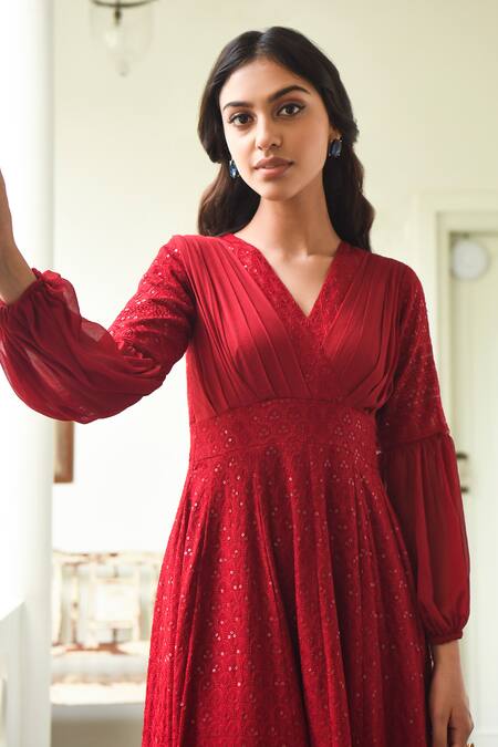 Shop_Suti Kapda_Maroon Rayon Sequins, Embroidery V-neck Chikankari Gown 