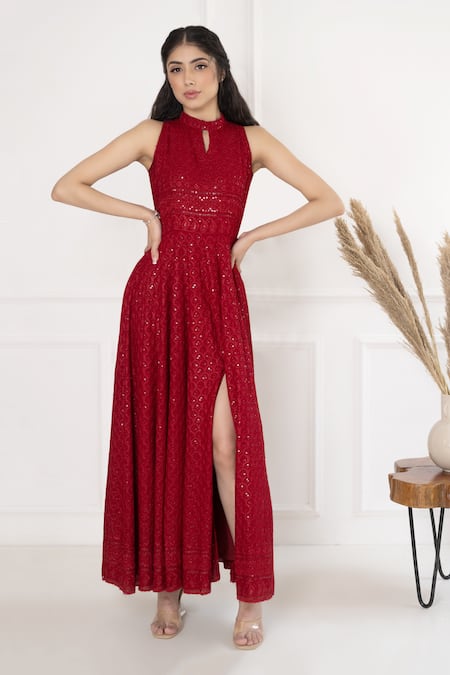 Shop_Suti Kapda_Maroon Rayon Sequins, Embroidery Halter Neck Thread And Gown _Online_at_Aza_Fashions