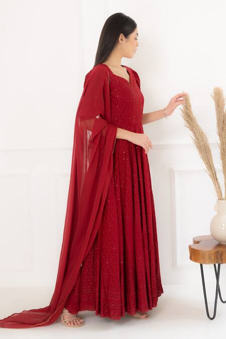 Shop Suti Kapda Maroon Rayon, Georgette Sequins, Embroidery And Thread Anarkali With Dupatta at Aza Fashions Shop_Suti Kapda_Maroon Rayon, Georgette Sequins, Embroidery And Thread Anarkali With Dupatta_at_Aza_Fashions