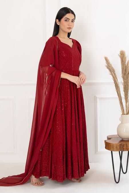 Suti Kapda Maroon Rayon, Georgette Sequins, Embroidery And Thread Anarkali With Dupatta Online at Aza Fashions Suti Kapda_Maroon Rayon, Georgette Sequins, Embroidery And Thread Anarkali With Dupatta_Online_at_Aza_Fashions