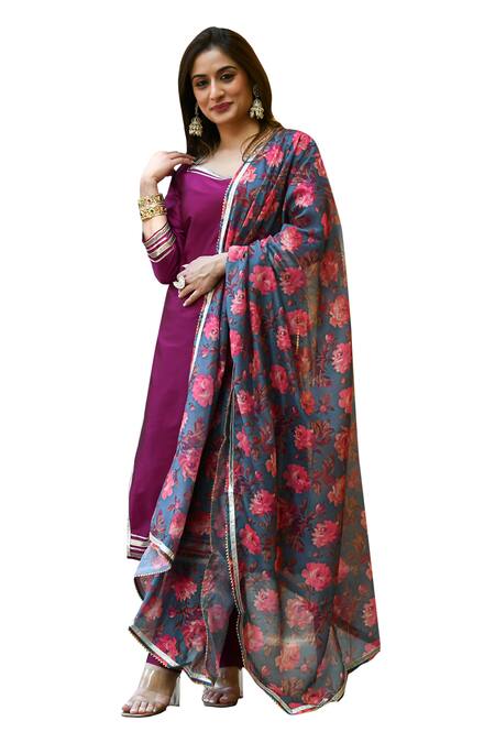 Shop Suti Kapda Purple Taffeta, Silk, Chiffon Lace, Border Kurta Set With Printed Dupatta Online at Aza Fashions Shop_Suti Kapda_Purple Taffeta, Silk, Chiffon Lace, Border Kurta Set With Printed Dupatta _Online_at_Aza_Fashions