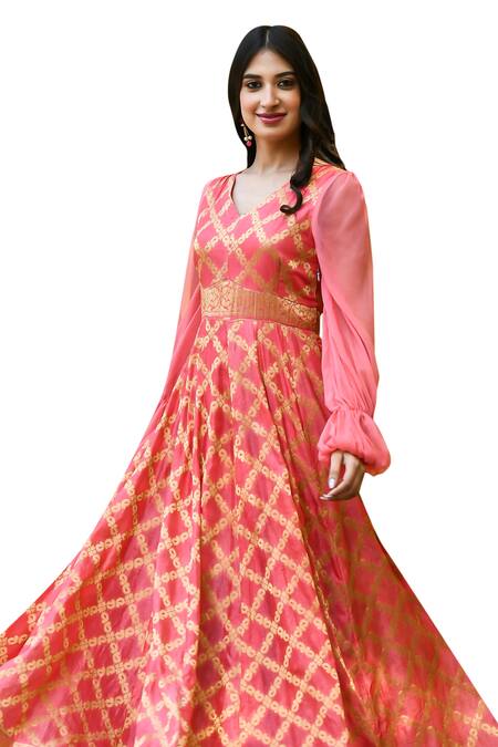 Buy_Suti Kapda_Pink Silk, Brocade Zari V-neck Woven Paisley Anarkali_Online_at_Aza_Fashions