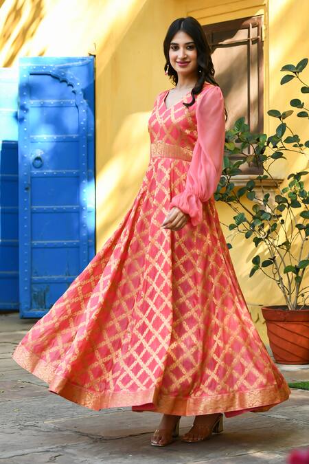 Shop_Suti Kapda_Pink Silk, Brocade Zari V-neck Woven Paisley Anarkali_Online_at_Aza_Fashions