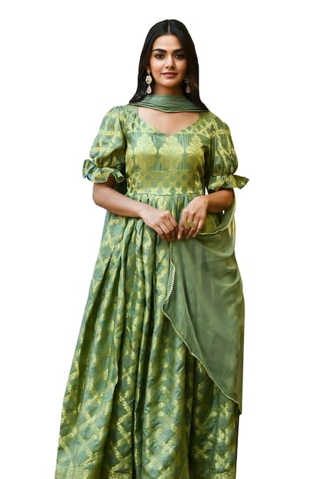 Shop_Suti Kapda_Green Silk Zari, Embroidery V-neck Woven Checkered Anarkali With Dupatta_Online_at_Aza_Fashions