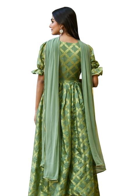 Buy_Suti Kapda_Green Silk Zari, Embroidery V-neck Woven Checkered Anarkali With Dupatta