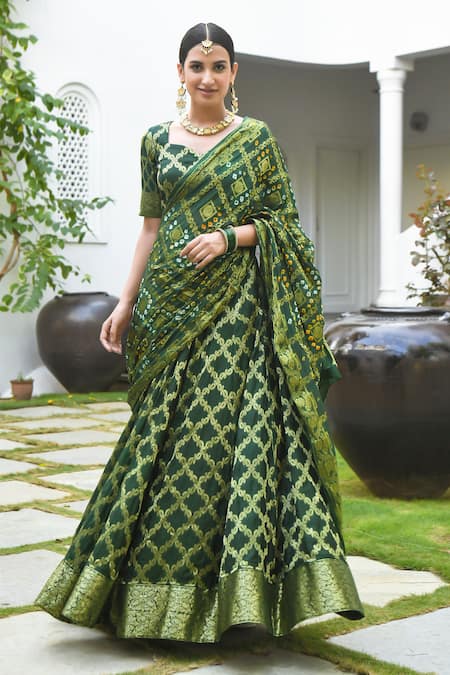 Buy Suti Kapda Green Brocade, Silk Embroidery, Sequins Woven Paisley Checkered Lehenga Set Online at Aza Fashions Buy_Suti Kapda_Green Brocade, Silk Embroidery, Sequins Woven Paisley Checkered Lehenga Set _Online_at_Aza_Fashions