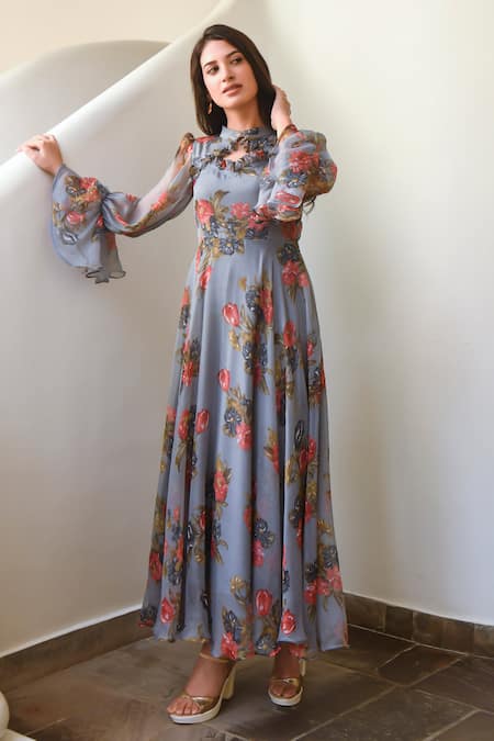Suti Kapda_Grey Chiffon Bandeau Neck Floral Blossom Print Dress _Online_at_Aza_Fashions