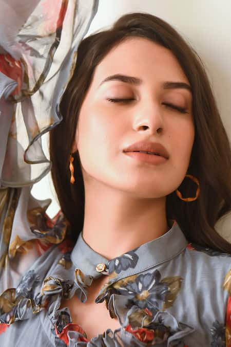 Buy_Suti Kapda_Grey Chiffon Bandeau Neck Floral Blossom Print Dress _Online_at_Aza_Fashions