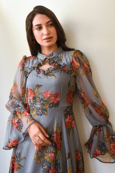 Shop_Suti Kapda_Grey Chiffon Bandeau Neck Floral Blossom Print Dress _Online_at_Aza_Fashions