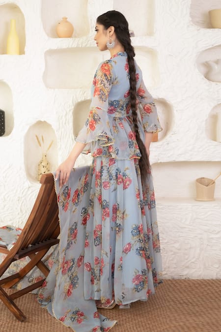 Shop Suti Kapda Grey Chiffon Lace Mandarin Collar Floral Blossom Print Lehenga Set at Aza Fashions Shop_Suti Kapda_Grey Chiffon Lace Mandarin Collar Floral Blossom Print Lehenga Set _at_Aza_Fashions