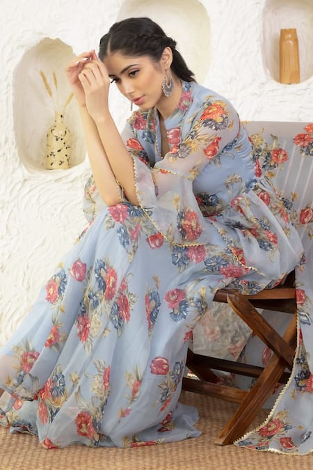 Suti Kapda Grey Chiffon Lace Mandarin Collar Floral Blossom Print Lehenga Set Online at Aza Fashions Suti Kapda_Grey Chiffon Lace Mandarin Collar Floral Blossom Print Lehenga Set _Online_at_Aza_Fashions