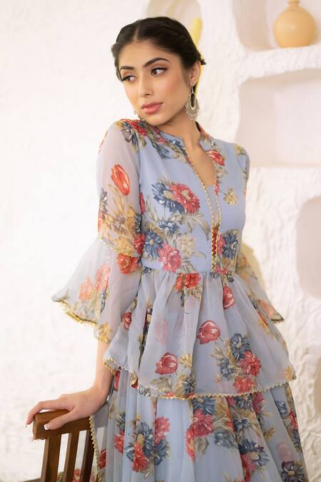 Buy Suti Kapda Grey Chiffon Lace Mandarin Collar Floral Blossom Print Lehenga Set Online at Aza Fashions Buy_Suti Kapda_Grey Chiffon Lace Mandarin Collar Floral Blossom Print Lehenga Set _Online_at_Aza_Fashions