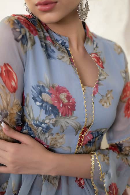 Shop Suti Kapda Grey Chiffon Lace Mandarin Collar Floral Blossom Print Lehenga Set Online at Aza Fashions Shop_Suti Kapda_Grey Chiffon Lace Mandarin Collar Floral Blossom Print Lehenga Set _Online_at_Aza_Fashions