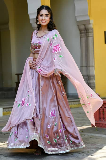 Suti Kapda_Pink Silk, Satin Embroidery, Lace Sweetheart Neck Handpainted Floral Lehenga Set _Online_at_Aza_Fashions