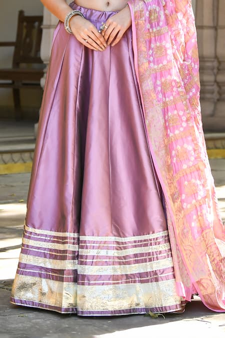 Suti Kapda Pink Taffeta Lace Square Neck Border Lehenga Set Online at Aza Fashions Suti Kapda_Pink Taffeta Lace Square Neck Border Lehenga Set _Online_at_Aza_Fashions