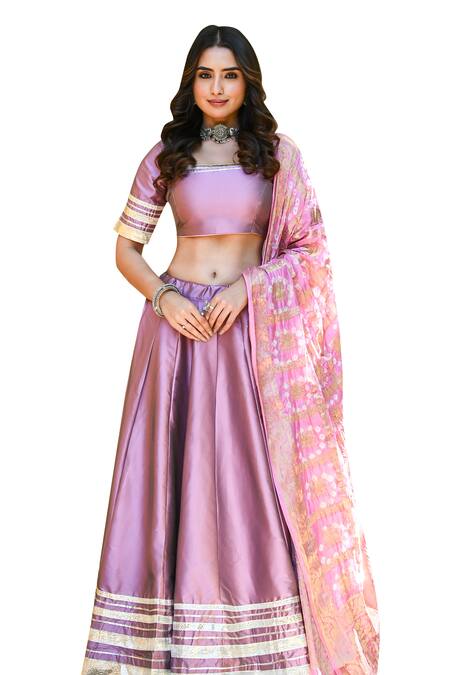 Buy Suti Kapda Pink Taffeta Lace Square Neck Border Lehenga Set Online at Aza Fashions Buy_Suti Kapda_Pink Taffeta Lace Square Neck Border Lehenga Set _Online_at_Aza_Fashions