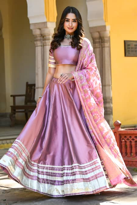 Shop_Suti Kapda_Pink Taffeta Lace Square Neck Border Lehenga Set _Online_at_Aza_Fashions