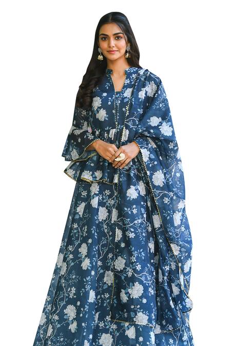 Suti Kapda_Blue Chanderi Lace, Embroidery Mandarin Collar Floral Vine Print Lehenga Set_Online_at_Aza_Fashions