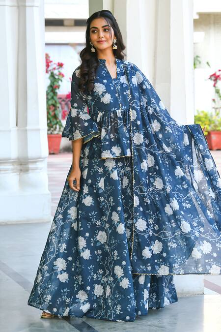 Buy_Suti Kapda_Blue Chanderi Lace, Embroidery Mandarin Collar Floral Vine Print Lehenga Set_Online_at_Aza_Fashions