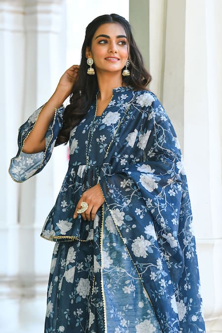 Buy_Suti Kapda_Blue Chanderi Lace, Embroidery Mandarin Collar Floral Vine Print Lehenga Set