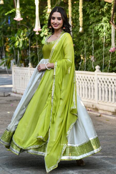 Suti Kapda_Beige Taffeta, Chiffon Lace Scoop Embellished Colourblock Anarkali With Dupatta_Online_at_Aza_Fashions