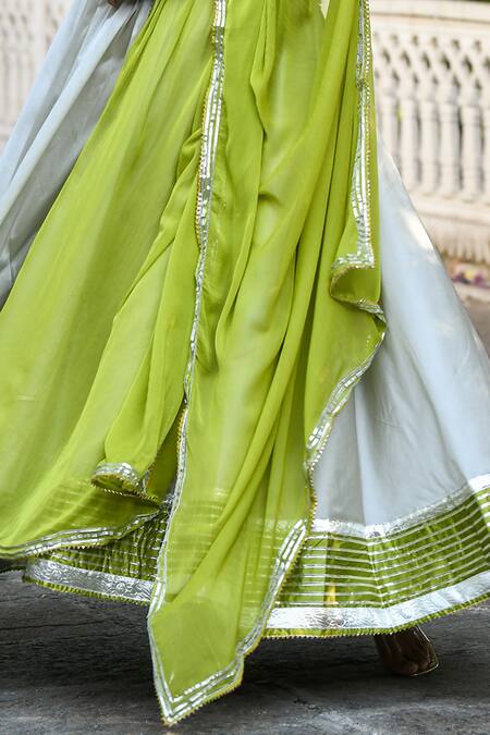 Buy_Suti Kapda_Beige Taffeta, Chiffon Lace Scoop Embellished Colourblock Anarkali With Dupatta_Online_at_Aza_Fashions