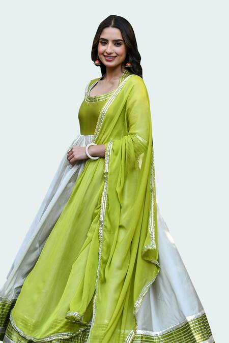 Shop_Suti Kapda_Beige Taffeta, Chiffon Lace Scoop Embellished Colourblock Anarkali With Dupatta_Online_at_Aza_Fashions