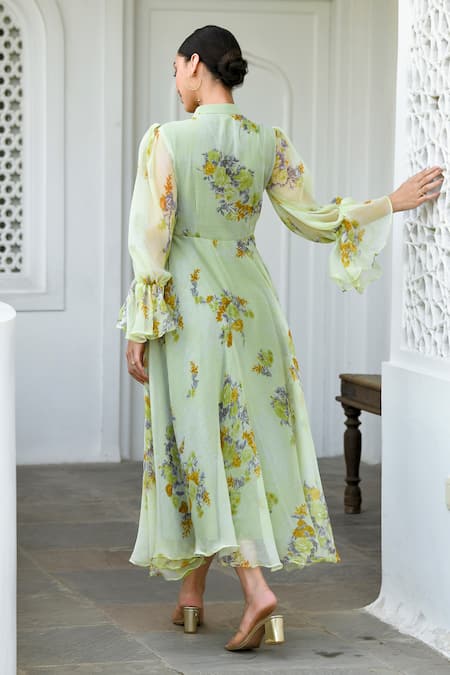 Suti Kapda Green Chiffon V-neck Floral Bouquet Print Dress Online at Aza Fashions Suti Kapda_Green Chiffon V-neck Floral Bouquet Print Dress _Online_at_Aza_Fashions
