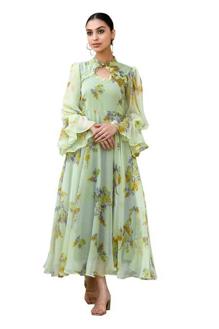 Buy Suti Kapda Green Chiffon V-neck Floral Bouquet Print Dress Online at Aza Fashions Buy_Suti Kapda_Green Chiffon V-neck Floral Bouquet Print Dress _Online_at_Aza_Fashions