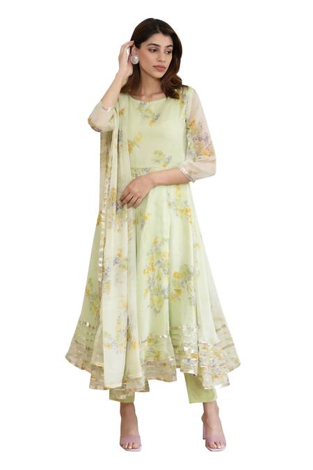 Buy_Suti Kapda_Green Chiffon Lace Round Neck Floral Print Anarkali Pant Set _Online_at_Aza_Fashions