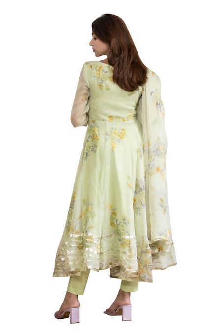 Suti Kapda_Green Chiffon Lace Round Neck Floral Print Anarkali Pant Set _at_Aza_Fashions