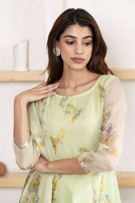 Buy_Suti Kapda_Green Chiffon Lace Round Neck Floral Print Anarkali Pant Set 