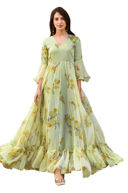 Buy Suti Kapda Green Chiffon V-neck Bouquet Print Gown Online at Aza Fashions Buy_Suti Kapda_Green Chiffon V-neck Bouquet Print Gown _Online_at_Aza_Fashions