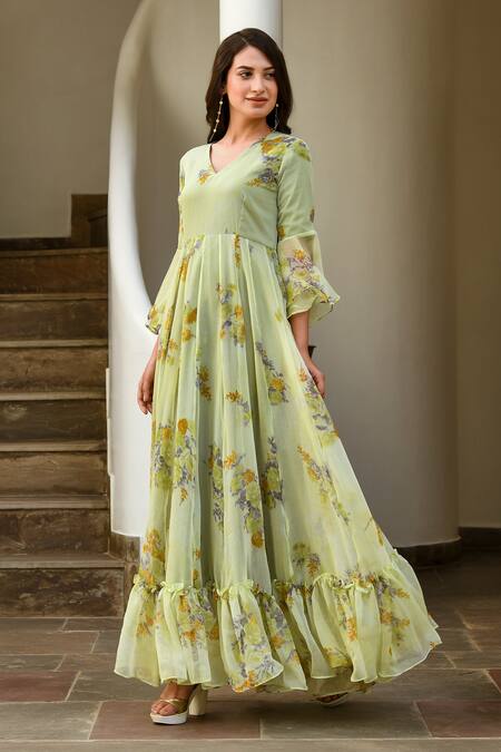 Shop Suti Kapda Green Chiffon V-neck Bouquet Print Gown Online at Aza Fashions Shop_Suti Kapda_Green Chiffon V-neck Bouquet Print Gown _Online_at_Aza_Fashions