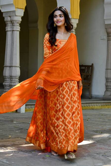 Suti Kapda_Orange Silk, Chiffon Embroidery Square Woven Zari Paisley Anarkali With Dupatta _Online_at_Aza_Fashions