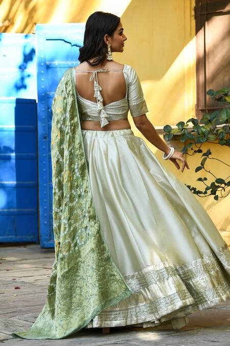 Shop_Suti Kapda_Off White Taffeta Gota Patti, Embroidery Boat Neck Detailed Lehenga Set_at_Aza_Fashions