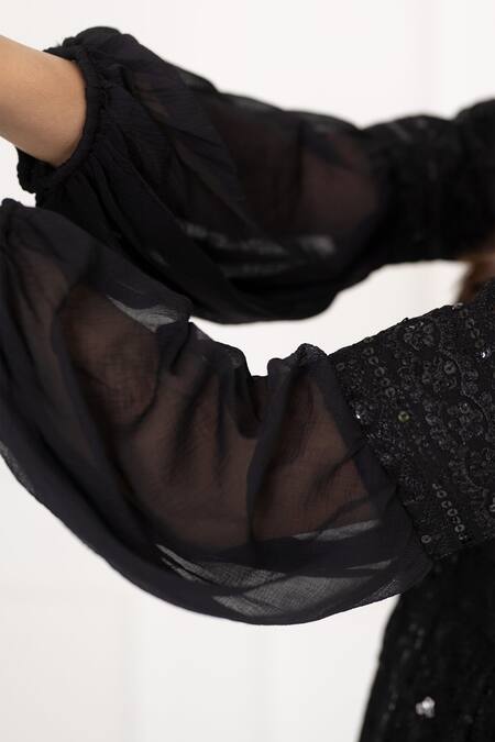 Shop_Suti Kapda_Black Rayon Sequins V-neck Detailed Dress _Online_at_Aza_Fashions