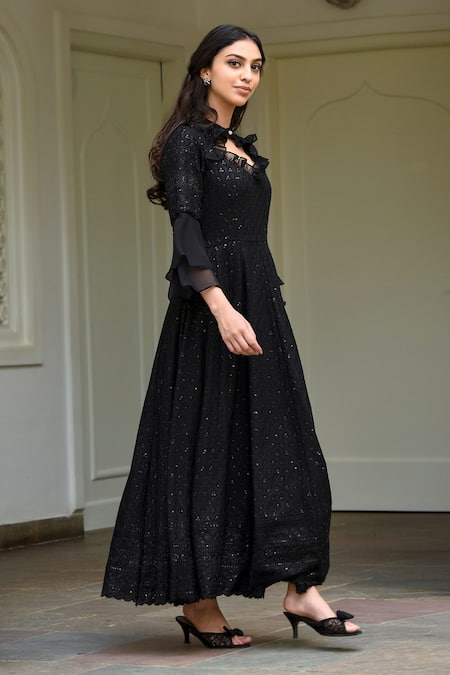 Suti Kapda_Black Rayon Sequins Asymmetric Detailed Maxi Dress _Online_at_Aza_Fashions