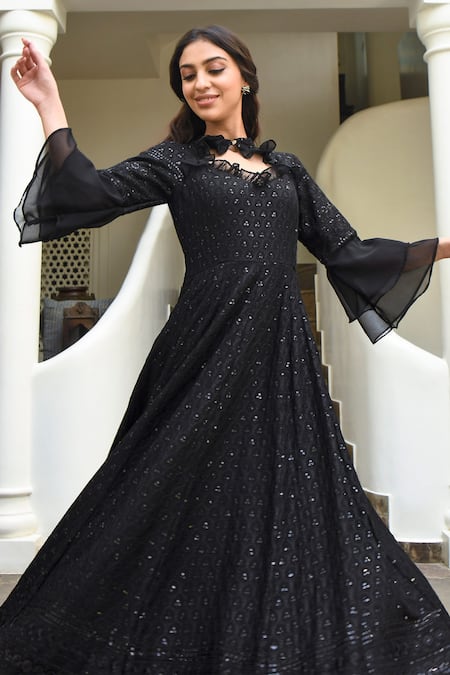 Shop_Suti Kapda_Black Rayon Sequins Asymmetric Detailed Maxi Dress _Online_at_Aza_Fashions