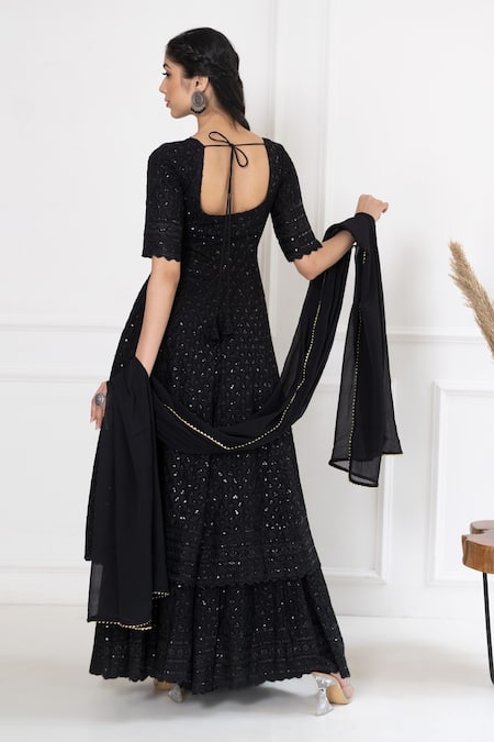 Shop_Suti Kapda_Black Rayon Sequins, Gota Patti Round Neck Detailed Sharara Set _at_Aza_Fashions