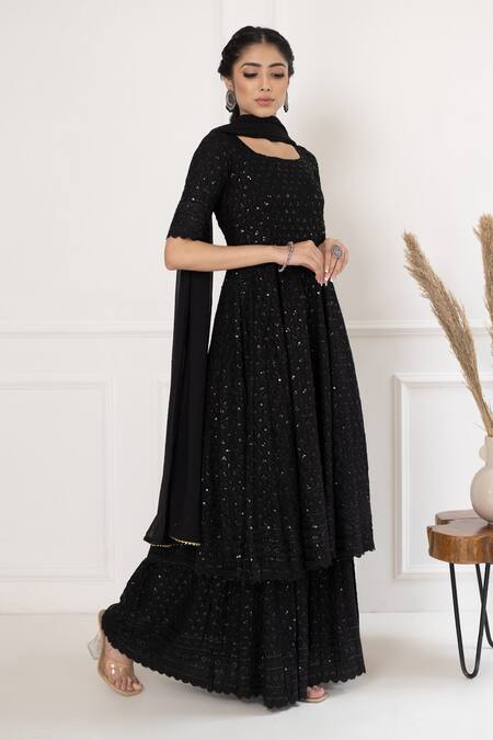 Suti Kapda_Black Rayon Sequins, Gota Patti Round Neck Detailed Sharara Set _Online_at_Aza_Fashions