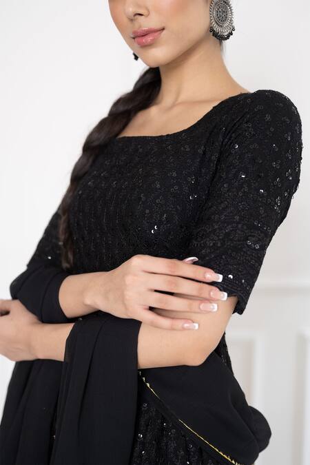 Buy_Suti Kapda_Black Rayon Sequins, Gota Patti Round Neck Detailed Sharara Set _Online_at_Aza_Fashions