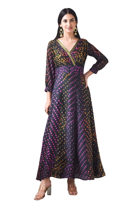 Suti Kapda_Black Silk Lace V-neck Bandhani Pattern Dress_Online_at_Aza_Fashions