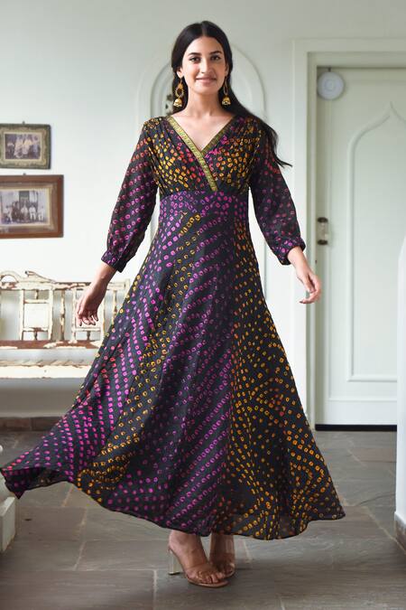 Buy_Suti Kapda_Black Silk Lace V-neck Bandhani Pattern Dress_Online_at_Aza_Fashions