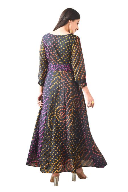 Suti Kapda_Black Silk Lace V-neck Bandhani Pattern Dress_at_Aza_Fashions