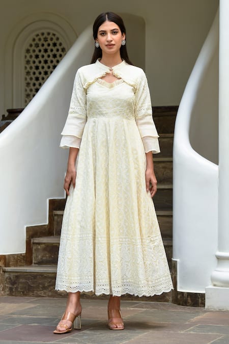 Suti Kapda Off White Rayon Embroidery Open Neck Ruffle Detailed Neckline Dress 