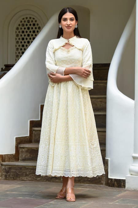 Buy Suti Kapda Off White Rayon Embroidery Open Neck Ruffle Detailed Neckline Dress Online at Aza Fashions Buy_Suti Kapda_Off White Rayon Embroidery Open Neck Ruffle Detailed Neckline Dress _Online_at_Aza_Fashions