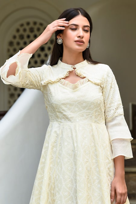 Shop Suti Kapda Off White Rayon Embroidery Open Neck Ruffle Detailed Neckline Dress Online at Aza Fashions Shop_Suti Kapda_Off White Rayon Embroidery Open Neck Ruffle Detailed Neckline Dress _Online_at_Aza_Fashions