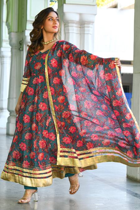 Suti Kapda_Blue Chanderi Gota Patti, Embroidery Collared Floral Pattern Anarkali Set _at_Aza_Fashions